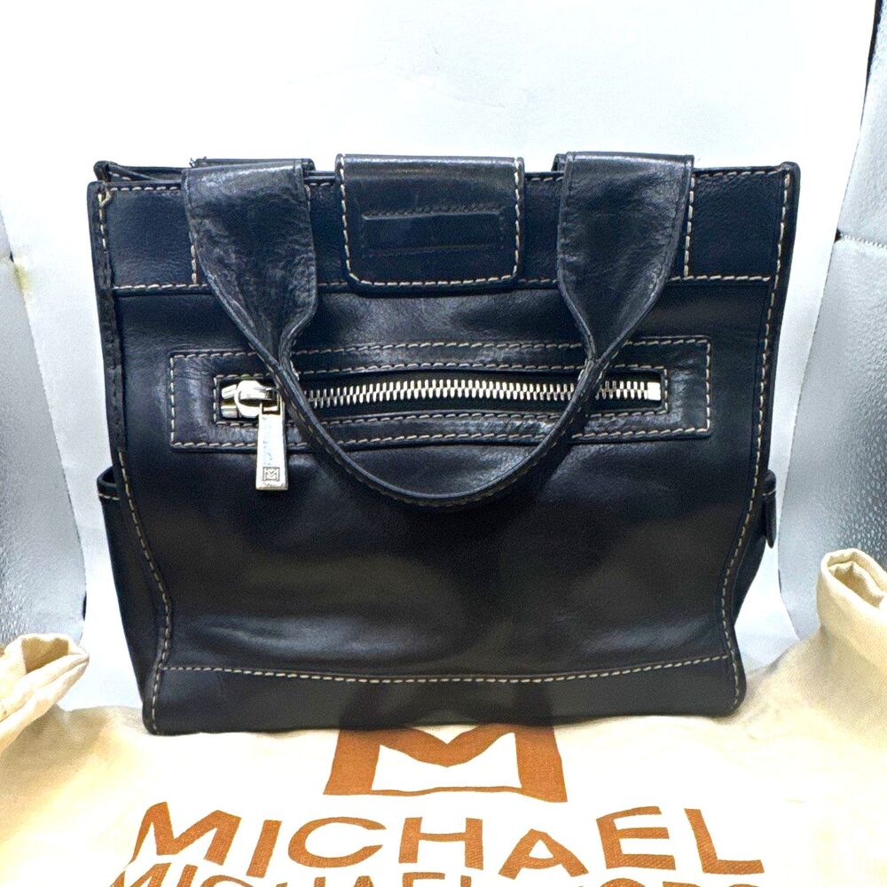 VTG Michael Kors Black Leather Satchel Top Handle Bag Purse Silver Hardware